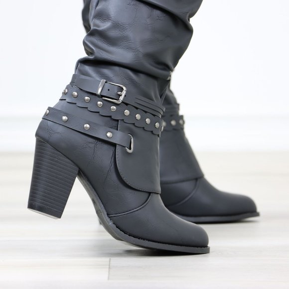 Motorcycle Heeled Boots For Rocker Biker Girls Below The Knee Black Faux Leather - Picture 4 of 14